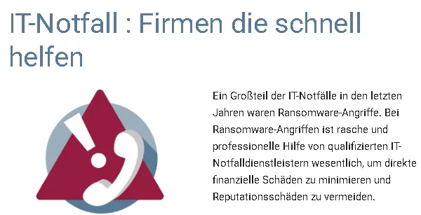 Kopf der Seite IT-Notfall auf it-sicherheit.de mit der Überschrift „Firmen die schnell helfen“ und einer Einleitung zu Ransomware-Angriffen