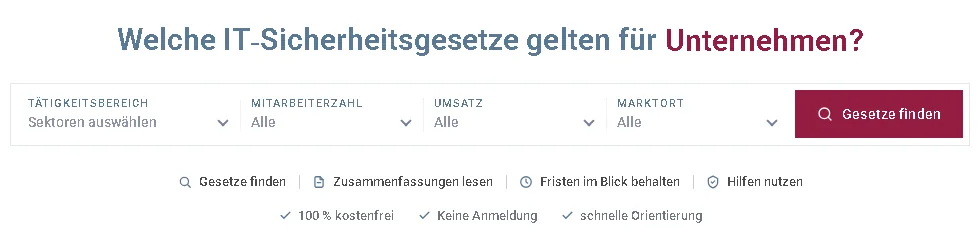 Legal Trust Navigator auf it-sicherheit.de mit Auswahlfeldern für Tätigkeitsbereich, Mitarbeiterzahl, Umsatz und Marktort